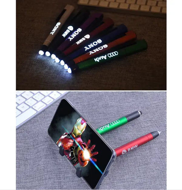 Promotional Glow Logo Multifunction LED Light Tip Ball Pen With Stylus&Phone Holder Write in the Dark