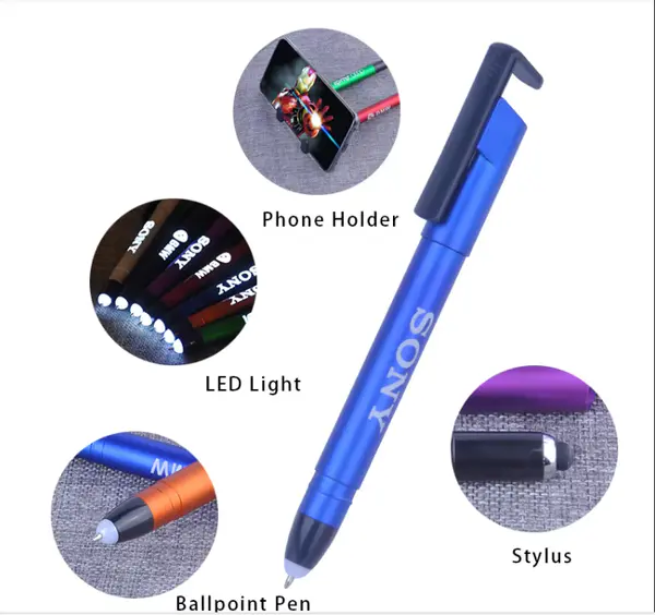 Promotional Glow Logo Multifunction LED Light Tip Ball Pen With Stylus&Phone Holder Write in the Dark