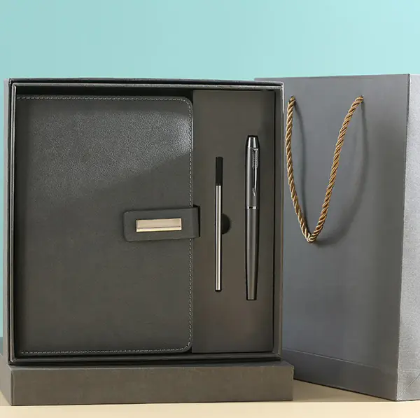 Custom Logo Leather Notebook Pen Set Promotional Company Gift with Box and Bag