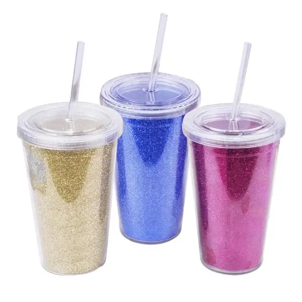 16 oz Double Walled Glitter Cup With Snap-On Lid