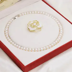 Women's&Mother day freshwater pearl necklace brooch set